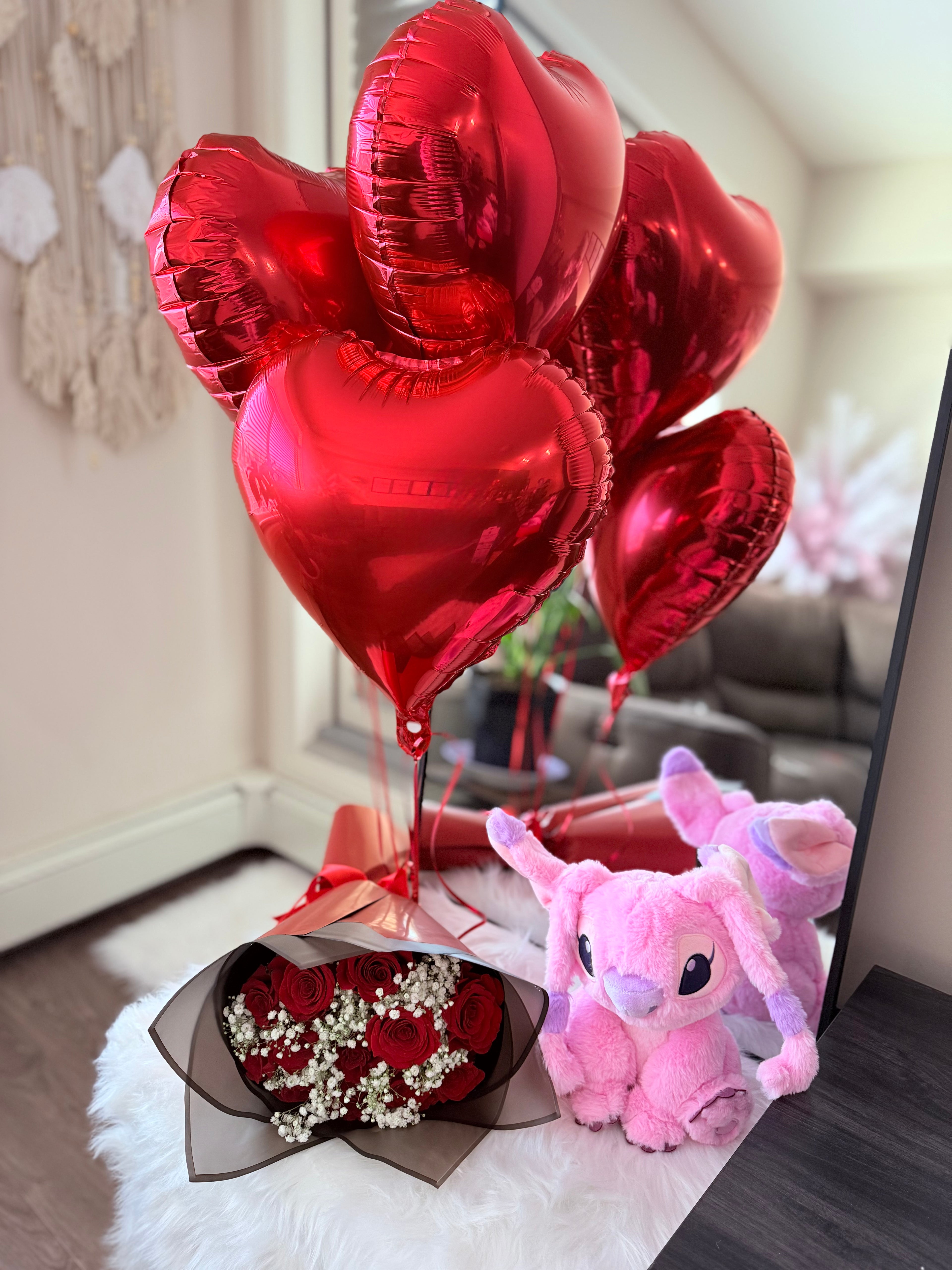 A Dozen Red Roses, 1 Pink Stitch & 3 Heart Shaped Balloons