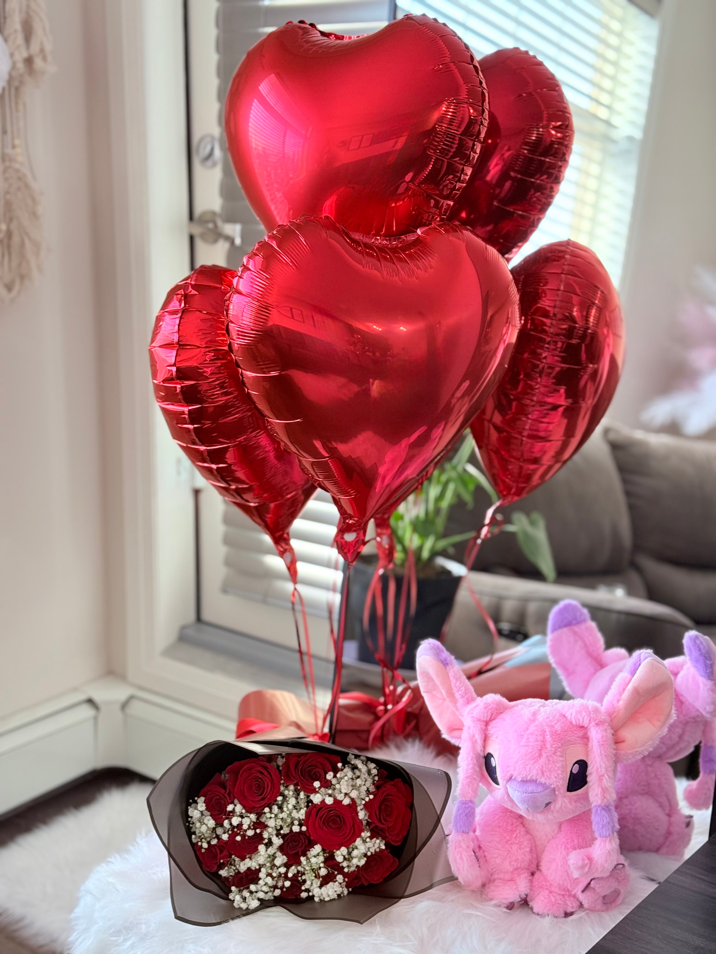 A Dozen Red Roses, 1 Pink Stitch & 3 Heart Shaped Balloons