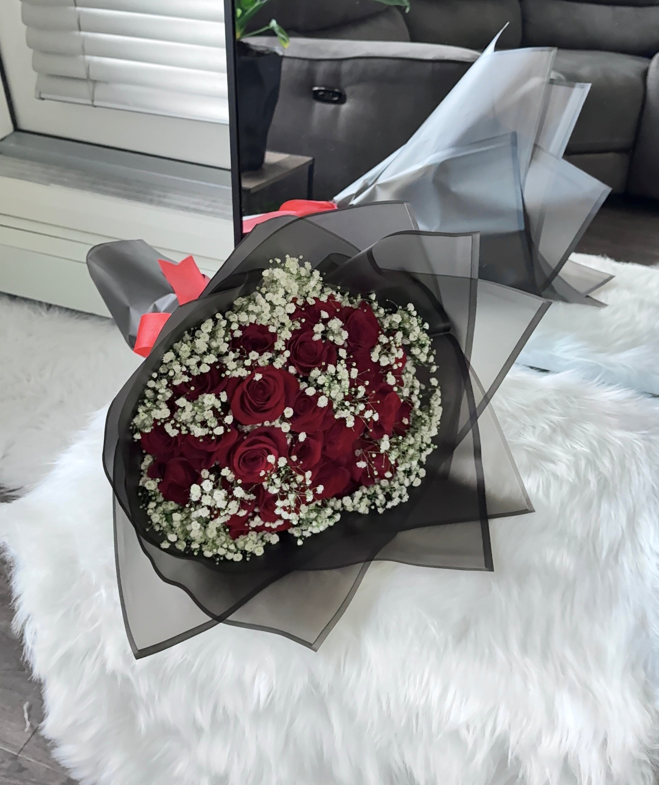 24 Red Roses With Baby’s Breath Bouquet