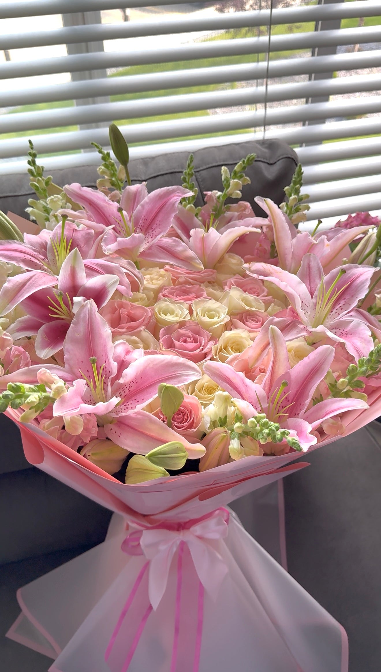 50 Roses, 12 Lilies, & Snapdragons Romantic Bouquet