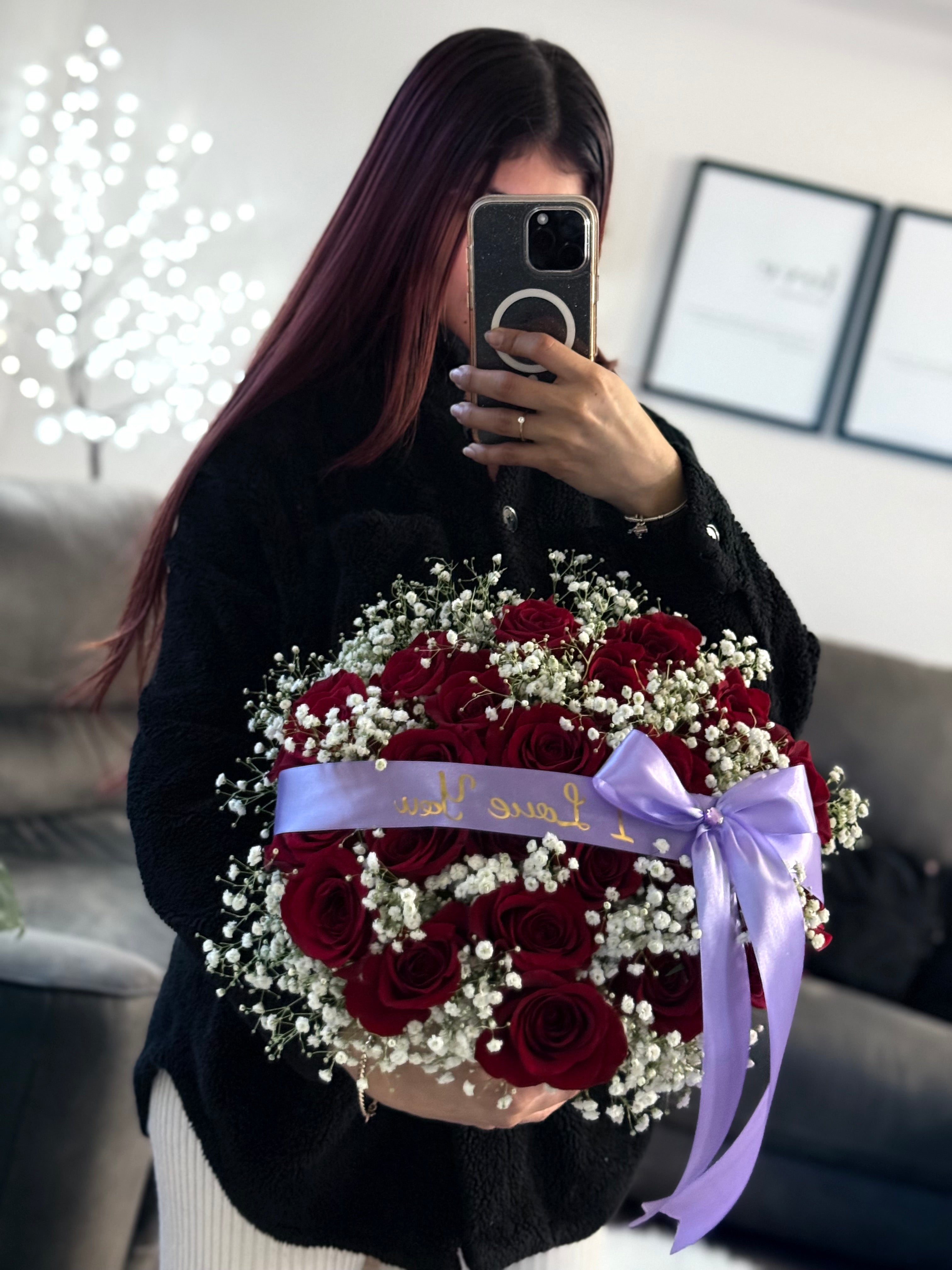 24 Red Roses With baby’s breath in a Basket