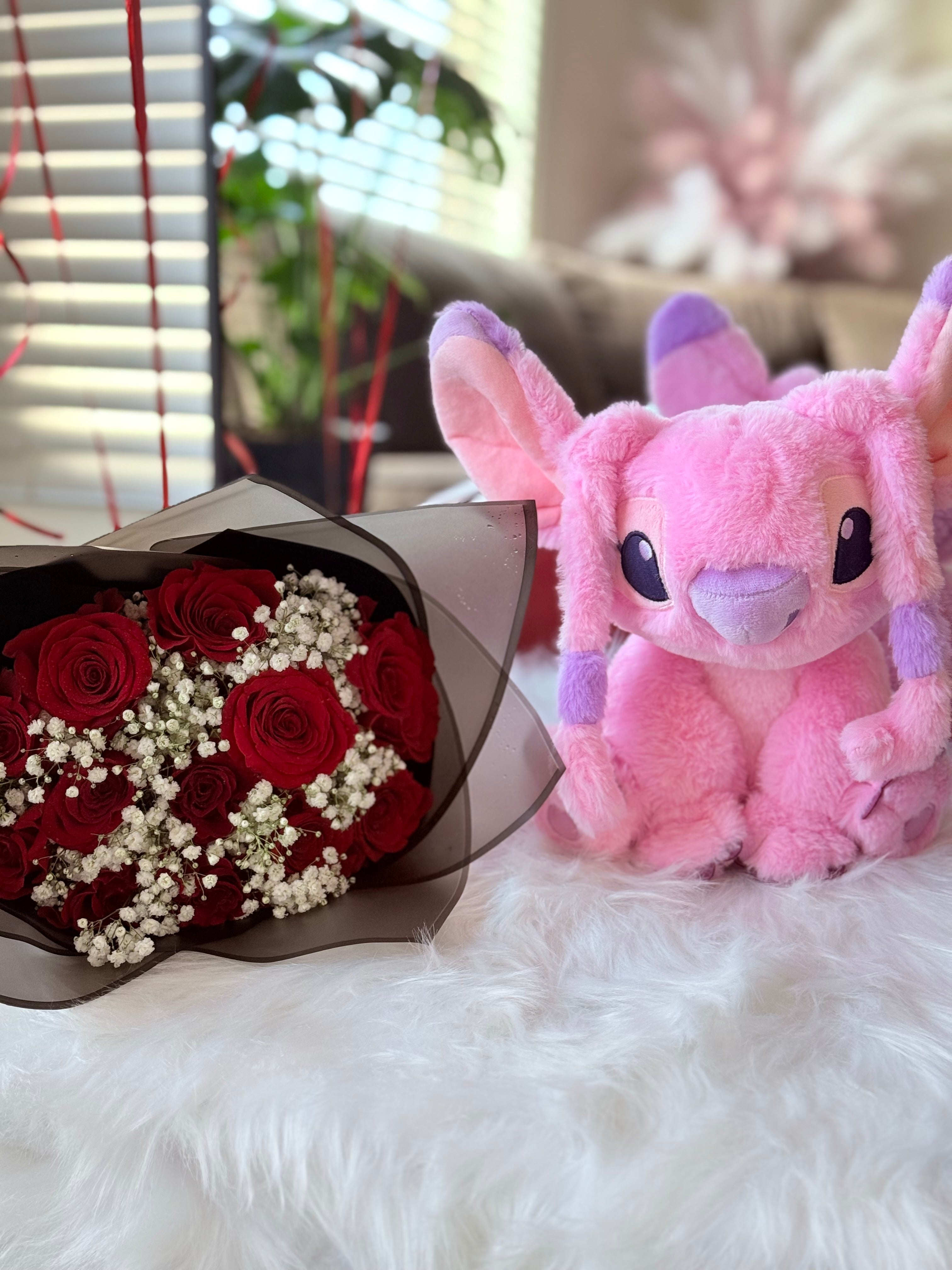 A Dozen Red Roses, 1 Pink Stitch & 3 Heart Shaped Balloons