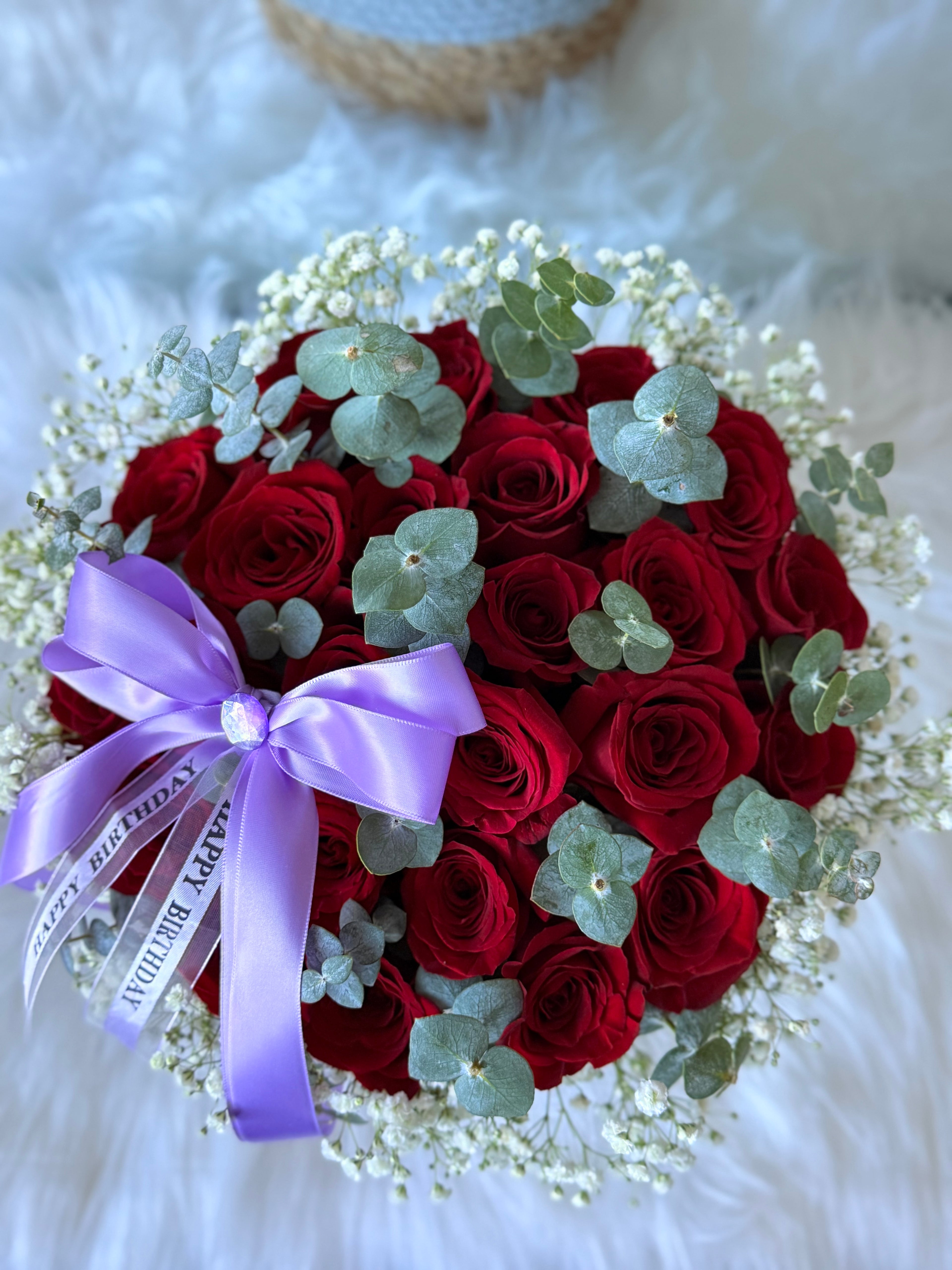 24 Red Roses With Eucalyptus Stems