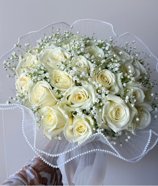 24 White  Roses Bouquet with Baby’s Breath