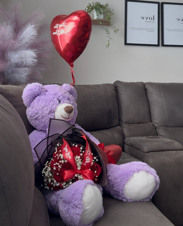 Purple Teddy Bear + 12 Red Roses + 1 Hear shaped balloon