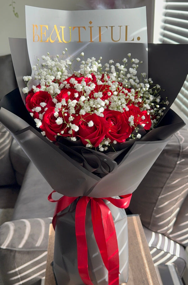 12 Red Roses & Baby’s breath Bouquet