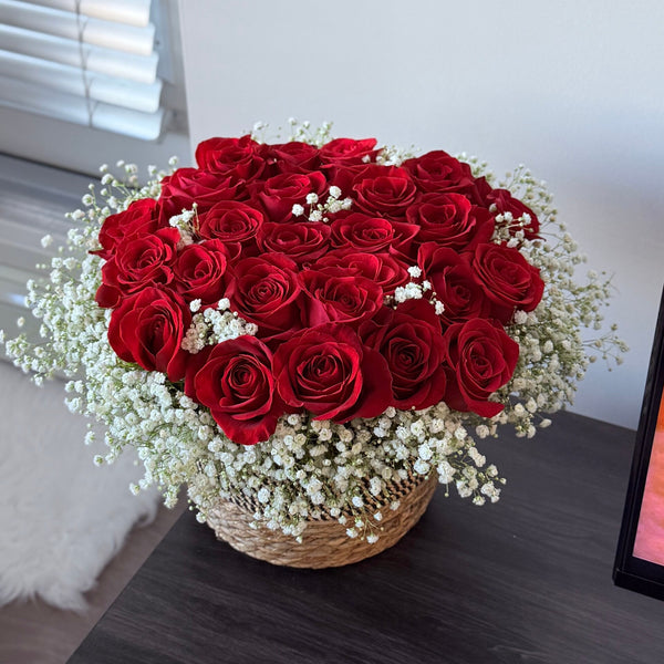 24 Red Roses With Baby’s Breath in a Basket