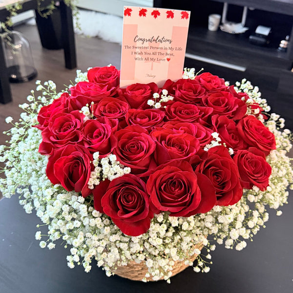 24 Red Roses With Baby’s Breath in a Basket