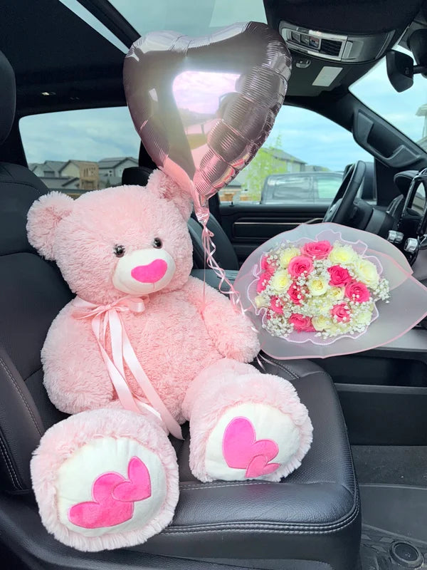 24 Pink & white Roses with 1 Pink Teddy Bear & 1 Balloon