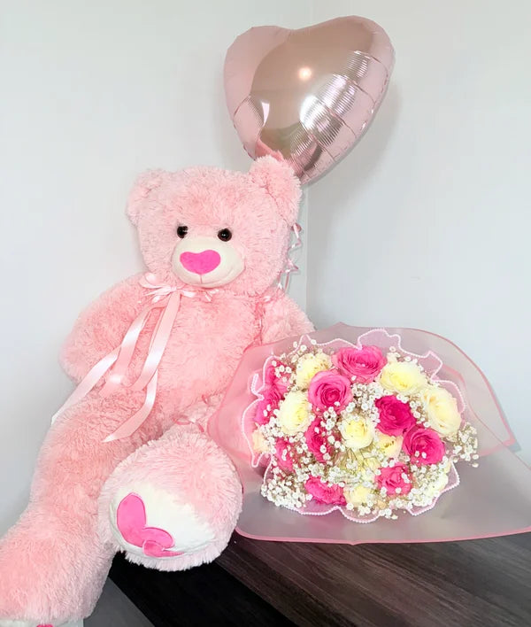 24 Pink & white Roses with 1 Pink Teddy Bear & 1 Balloon