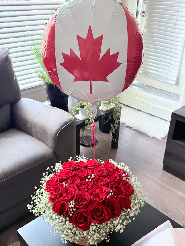 24 Red Roses With Baby’s Breath in a Basket