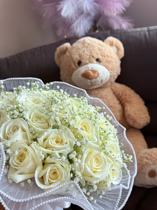 24 White  Roses Bouquet with Baby’s Breath
