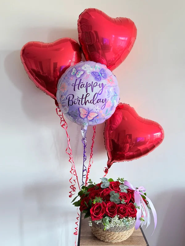 24 Red Roses & Eucalyptus stems in a Basket & 4 Balloons