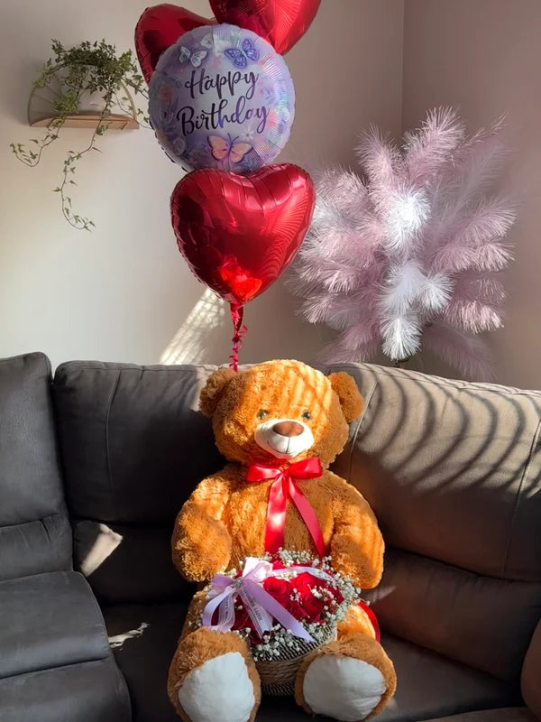 24 Roses + 1 Brown Teddy Bear + 4 Balloons - Birthday surprise