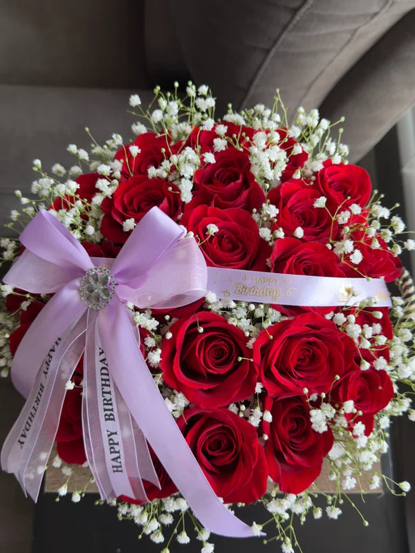 24 Red Roses with Baby’s Breath in a beautiful Basket