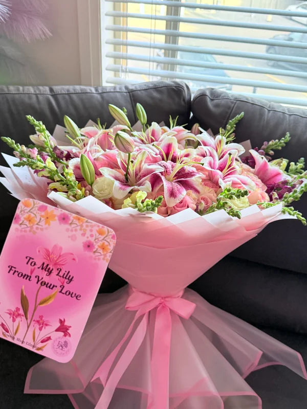 50 Roses, 12 Lilies, & Snapdragons Romantic Bouquet