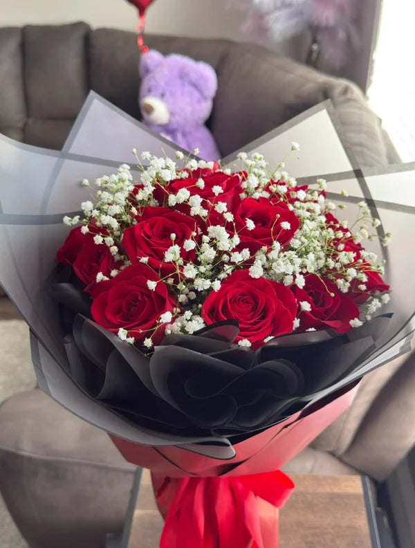 12 Red Roses with White baby’s breath Bouquet