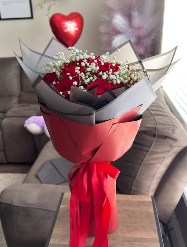12 Red Roses with White baby’s breath Bouquet