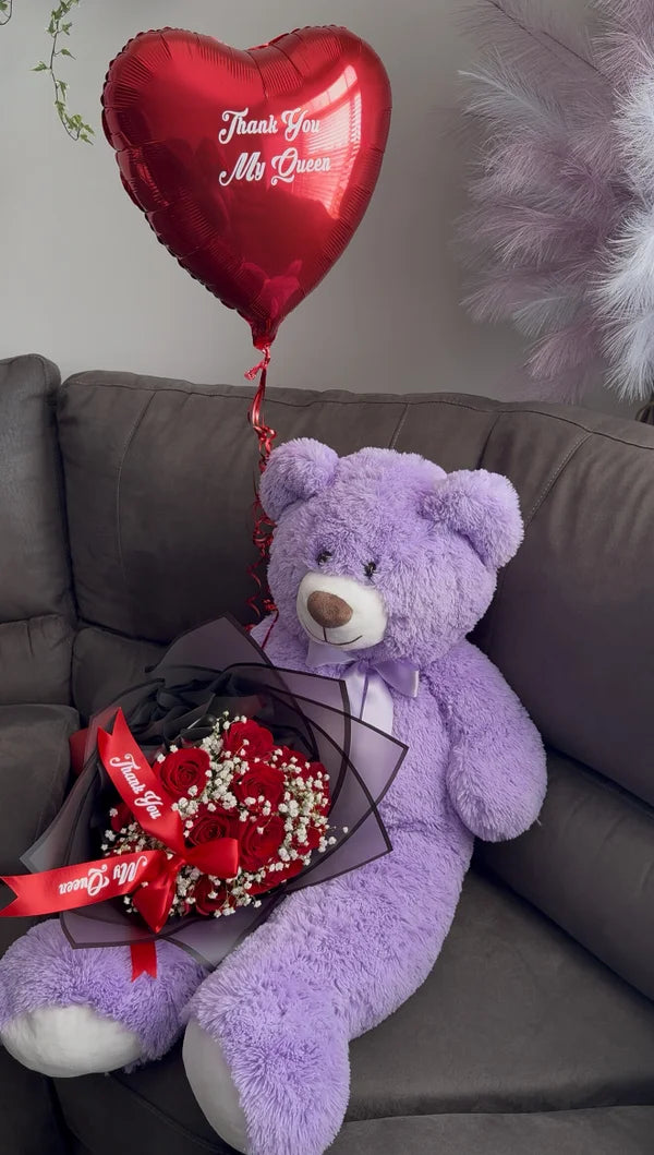 Purple Teddy Bear + 12 Red Roses + 1 Hear shaped balloon