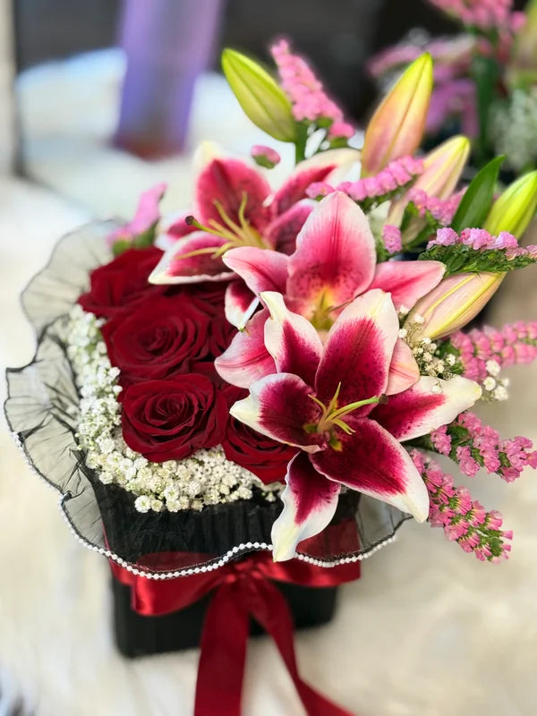6  Premium Red Roses & Pink lilies Arrangement