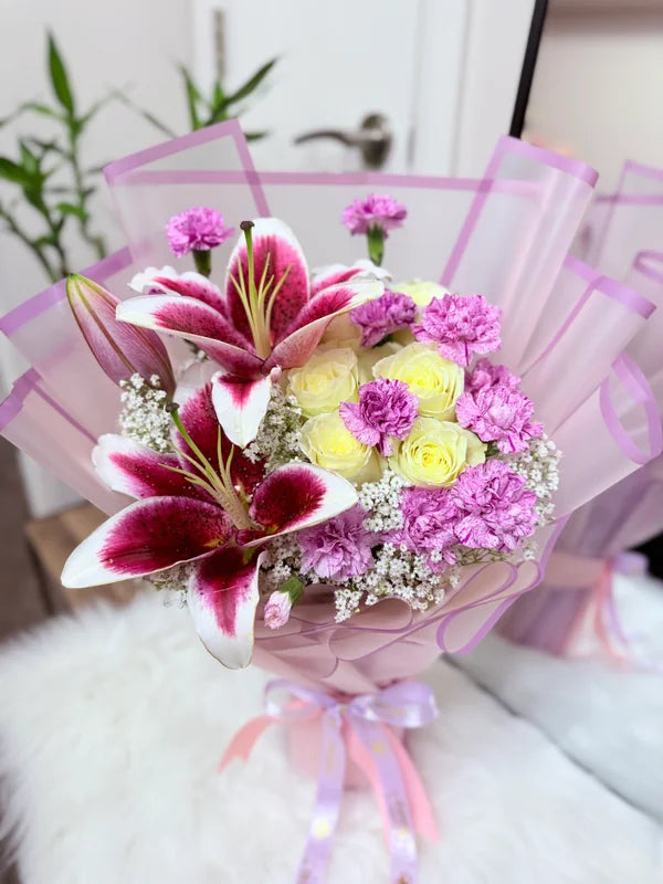 White  Roses with Pink Lilies