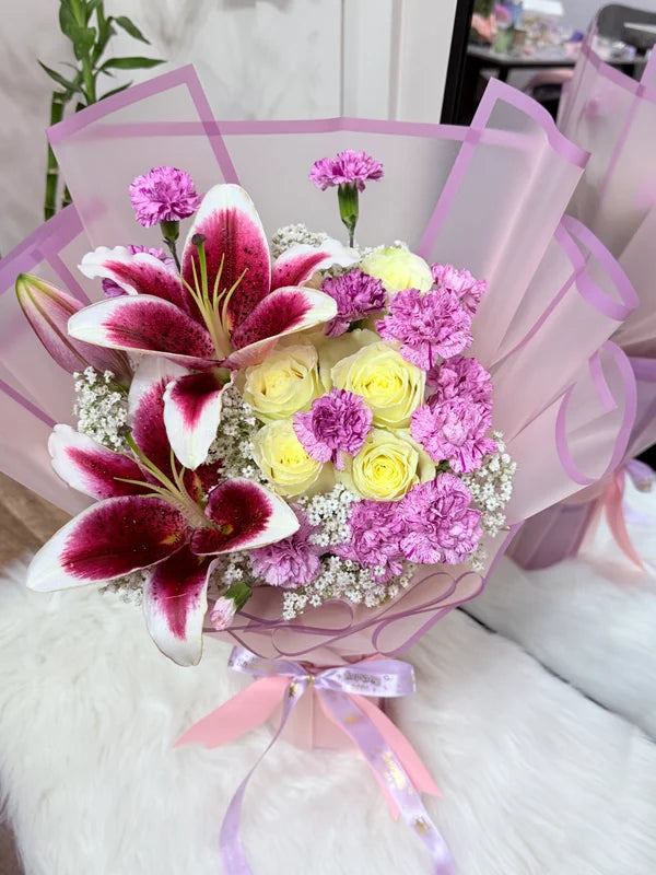 White  Roses with Pink Lilies