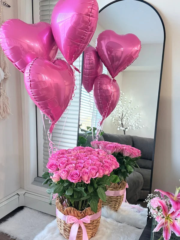 50 Pink Roses in a Basket & 3 Heart Shaped Balloon