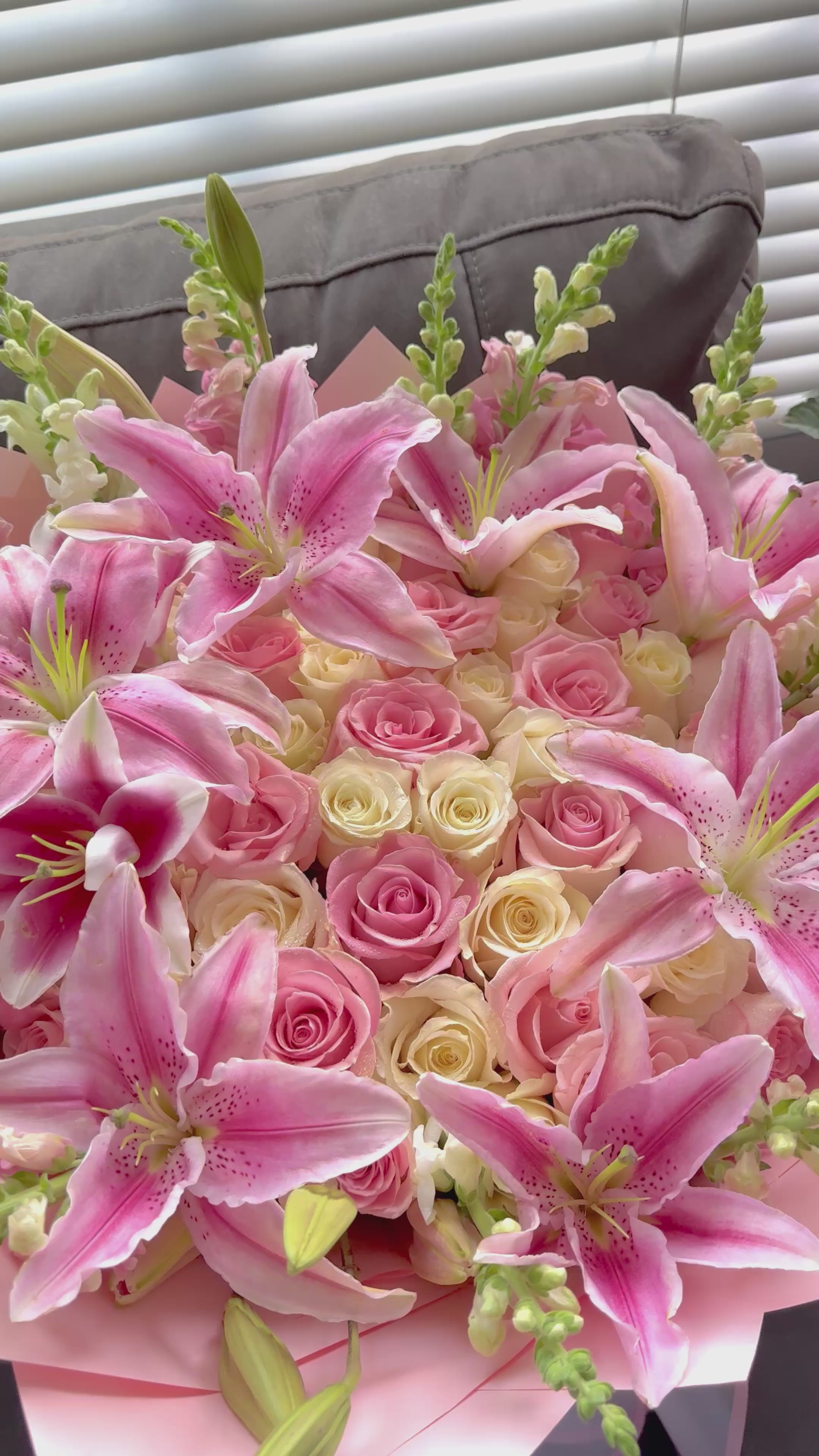 50 Roses, 12 Lilies, & Snapdragons Romantic Bouquet