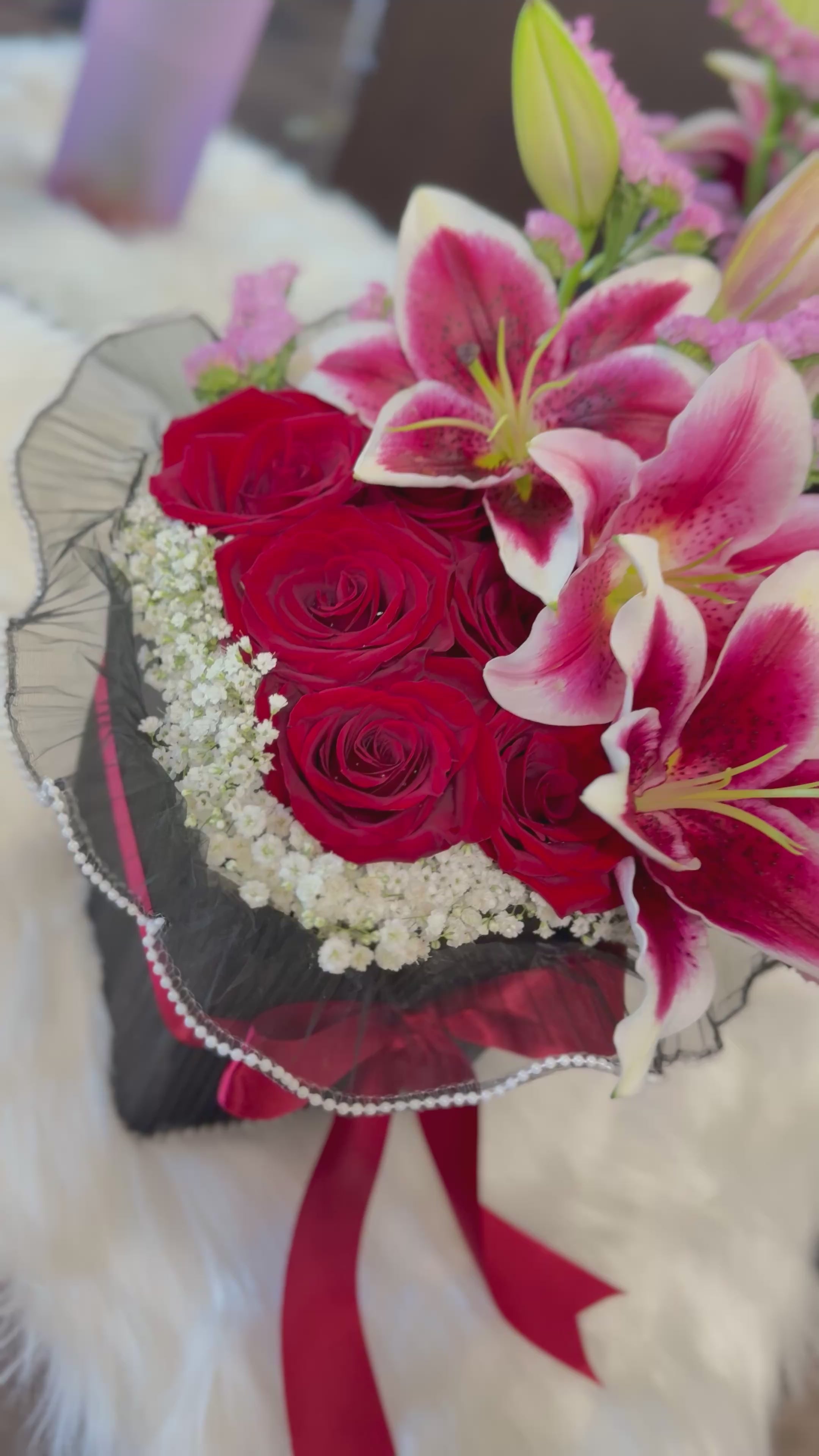 6  Premium Red Roses & Pink lilies Arrangement